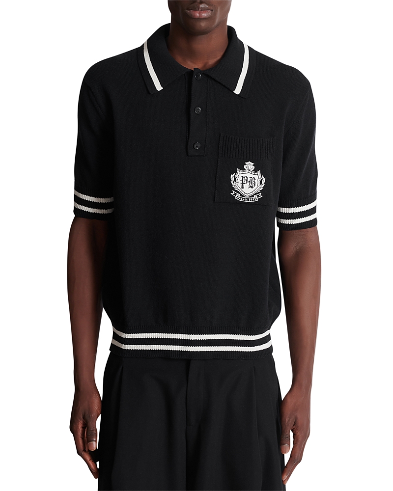 Balmain College Emblem Short Sleeve Polo Sweater In Black