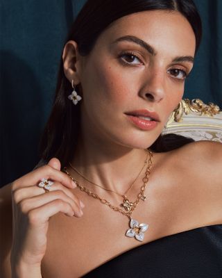 18K Yellow Gold Venetian Princess Cabochon Mother of Pearl & Diamond Flower Drop Earrings