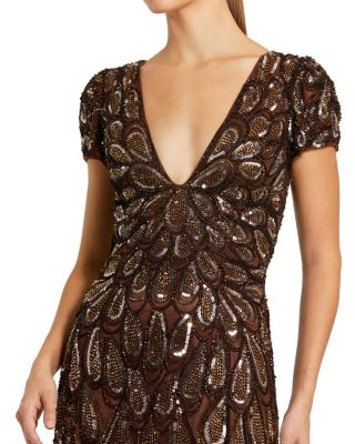  Embellished V-Neck Cap Sleeve Column Gown