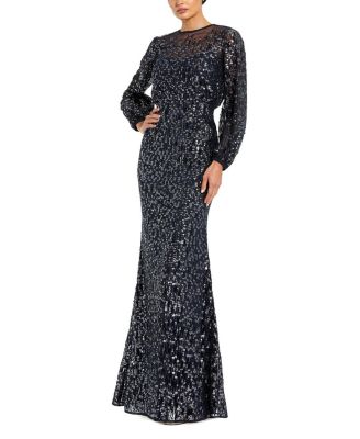 Sequin Long Sleeve Blouson Evening Gown