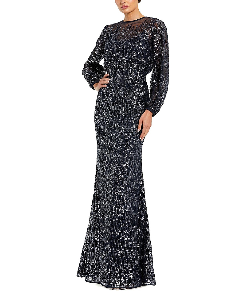 Mac Duggal Sequin Long Sleeve Blouson Evening Gown In Black