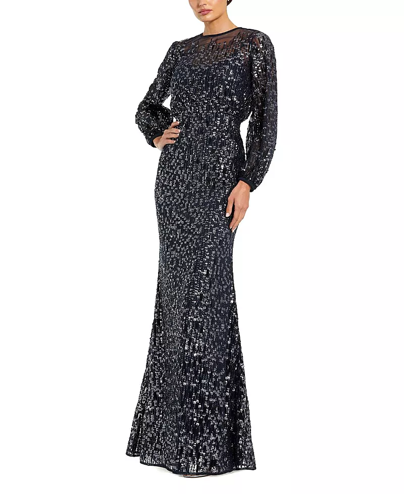Mac Duggal Sequin Long Sleeve Blouson Evening Gown
