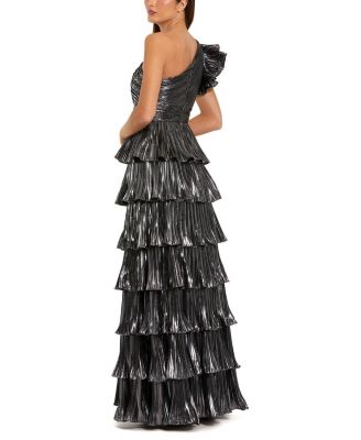  Pleated Metallic Ruffle Tiered One Shoulder Gown