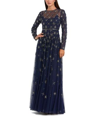 Long Sleeve Crystal Embellished Evening Gown