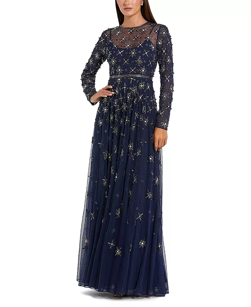 Mac Duggal Long Sleeve Crystal Embellished Evening Gown
