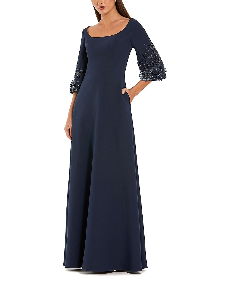 Mac Duggal Crepe Gown with Floral Embellished Sleeves