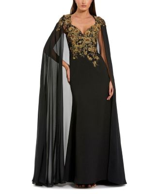  Embellished Crepe Gown With Chiffon Cape Sleeves