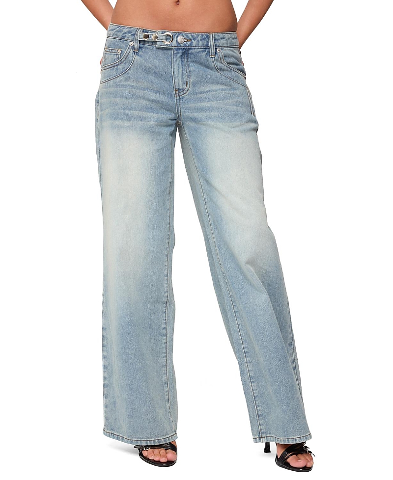 Edikted Celia Grommet Washed Low Rise Light Rinse Wash Jeans In Blue