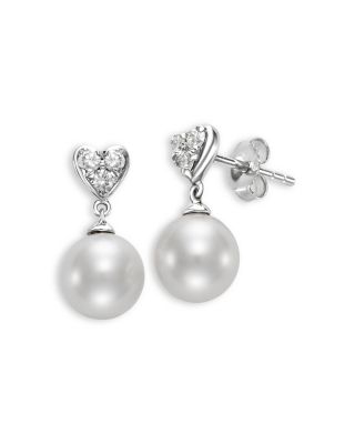 Cultured Freshwater Pearl & Diamond Heart Drop Earrings in 14K White Gold