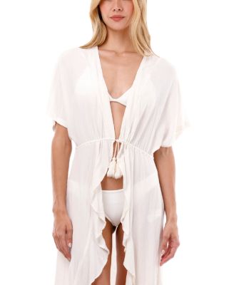 White Bloom Front-Tie Ruffle Kimono