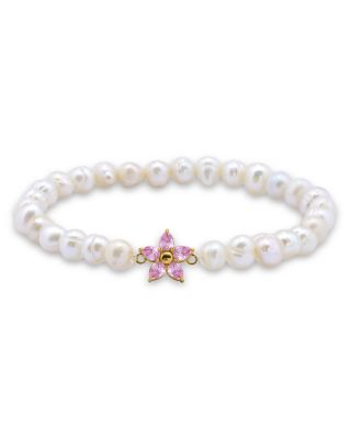 Purple Cubic Zirconia Star Charm Cultured Freshwater Pearl Beaded Stretch Bracelet - Exclusive