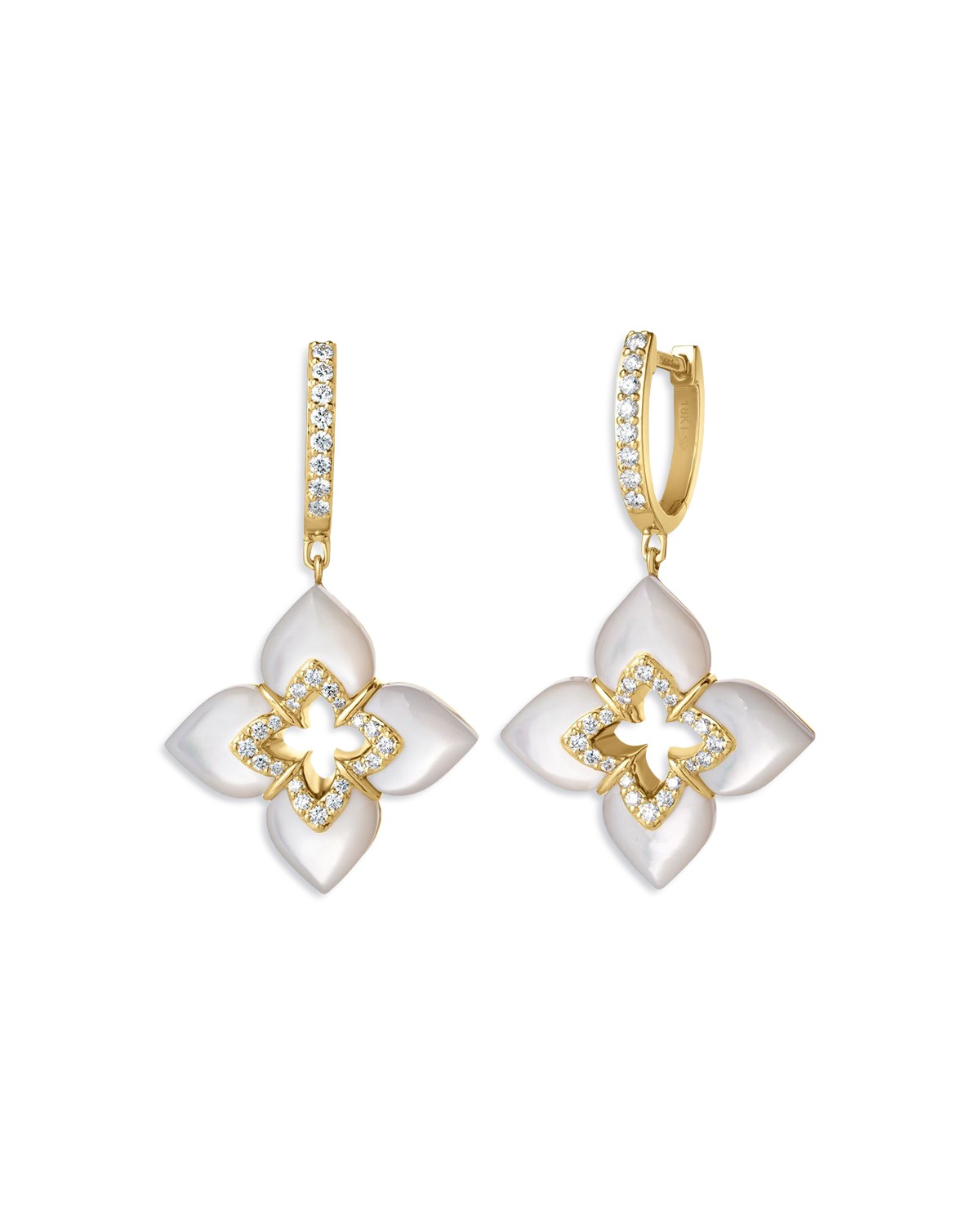 18K Yellow Gold Venetian Princess Cabochon Colored Stone & Diamond Flower Drop Earrings