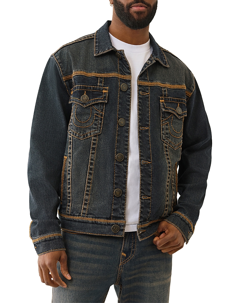 True Religion Super Flatlock Denim Trucker Jacket In Black