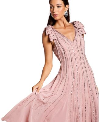 Bow Shoulder Embellished Midi Dress