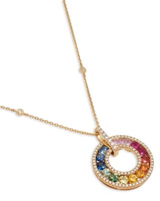 Rainbow Sapphire & Diamond Circle Pendant Necklace in 14K Yellow Gold, 18"