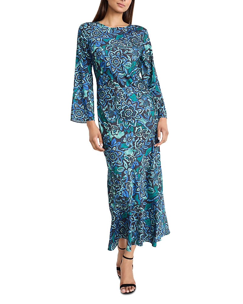 Donna Morgan Printed Long Sleeve Dress In Blue