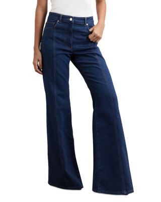 June Petite Mid Rise Flare Pin Stitch Jeans in Blue
