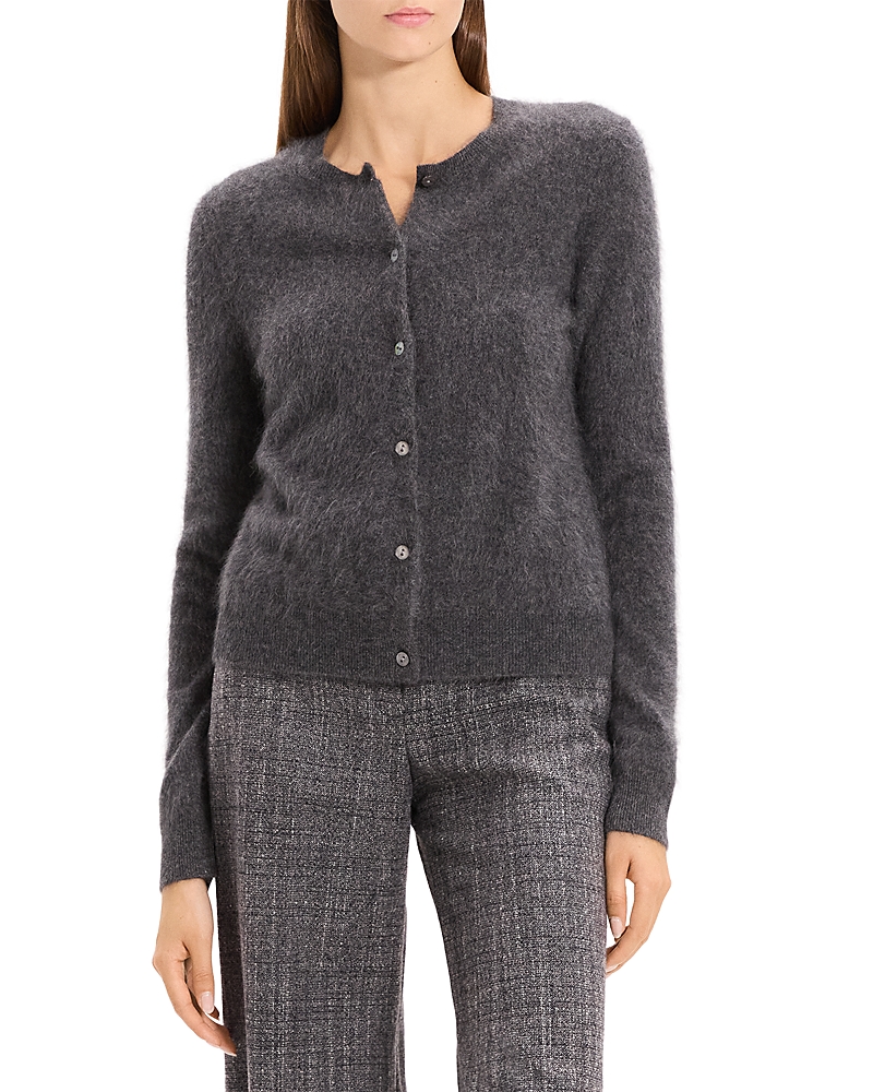 Theory Brushed Crewneck Cardigan In Cashmere In Gray