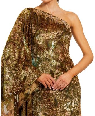  One Shoulder Metallic Burnout Velvet Evening Gown