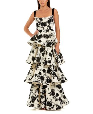 Mac Duggal Women's Floral Boucle Tiered Ruffle Gown - Multi - Size 8 - Black Ivory