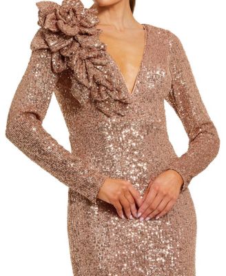  V-Neck Long Sleeve 3D Floral Sequin Gown
