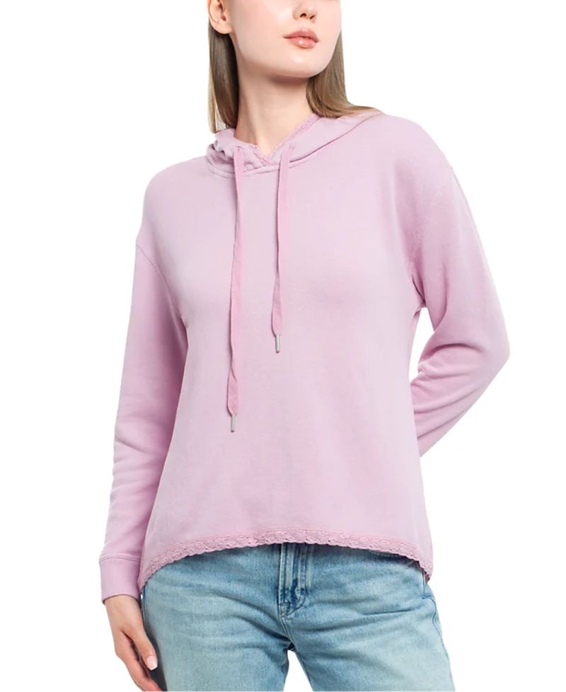 Wilt Clothing Vented Back High-low Lace Hem Hoodie In Pink
