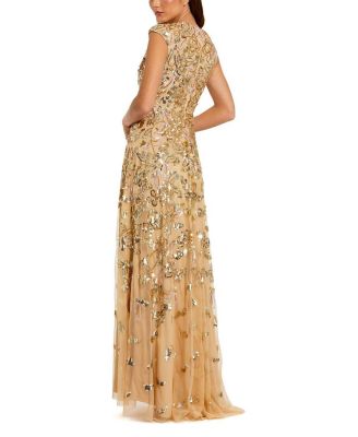 Sequined High Neck Cap Sleeve A Line Gown