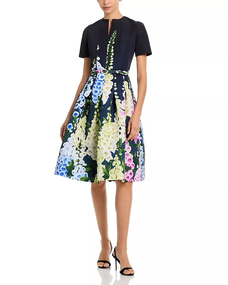 Oscar de la Renta Short Sleeve Multi Foxgloves Degrade Dress
