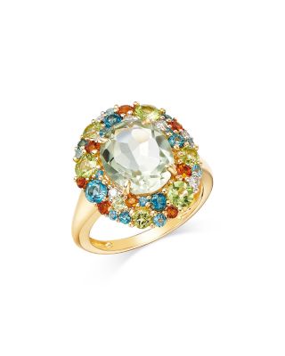 Prasiolite, Multi Gemstone & Diamond Halo Ring in 14K Yellow Gold
