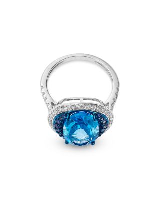 Swiss Blue Topaz, Blue Sapphire & Diamond Halo Ring in 14K White Gold