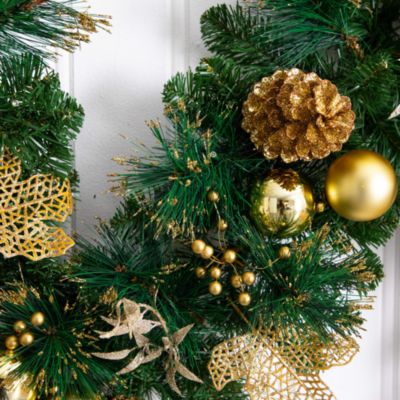 Pre-Lit Artificial Golden Frosted 9' Christmas Garland with Warm White LED Lights Pinecones, Berries and Ornaments