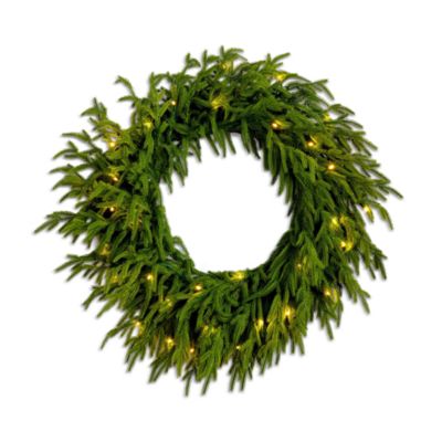 Pre-Lit Artificial Real Touch Norfolk Island Pine Wreath with Warm White LED Lights and Natural Look