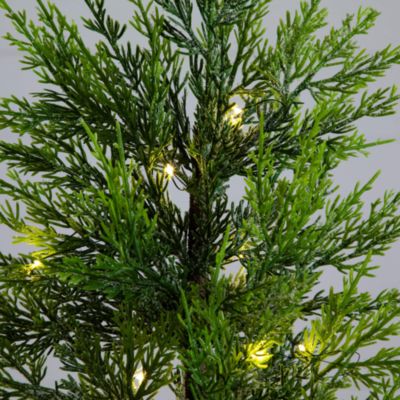 Pre-Lit Artificial Lightly Snowed Cypress 32" Christmas Tree with Warm White LED Lights in Decorative Basket