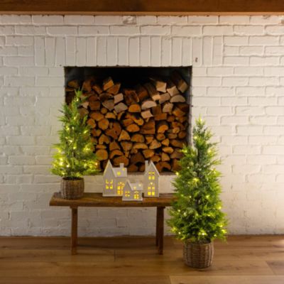 Pre-Lit Artificial Lightly Snowed Cypress 32" Christmas Tree with Warm White LED Lights in Decorative Basket