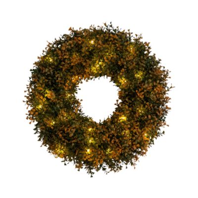 Pre-Lit Autumn Boxwood Artificial Fall 18&#39; Wreath with Warm White LED Lights