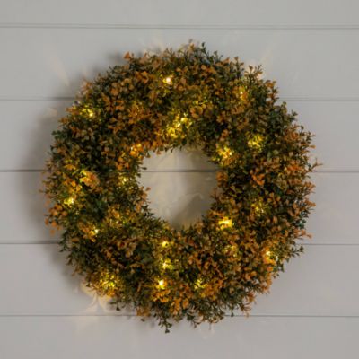 Pre-Lit Autumn Boxwood Artificial Fall 18&#39; Wreath with Warm White LED Lights