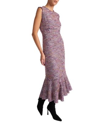 Andi Sleeveless Tweed Midi Sheath Dress with Flared Skirt Panel