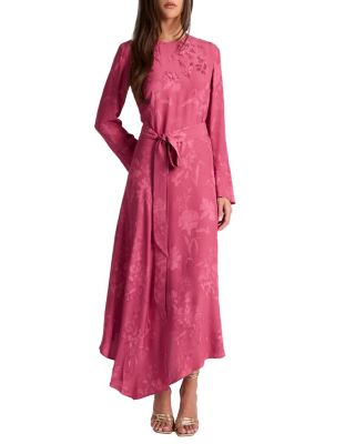 Rachel Long Sleeve Asymmetric Midi Dress in Floral Jacquard