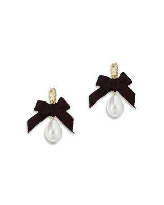 Riyya Ribbon Bow Imitation Pearl Huggie Drop Earrings, 0.9"L