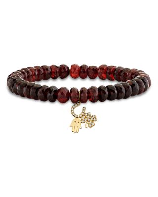 14K Yellow Gold Diamond & Garnet Luck & Protection Charm Beaded Bracelet