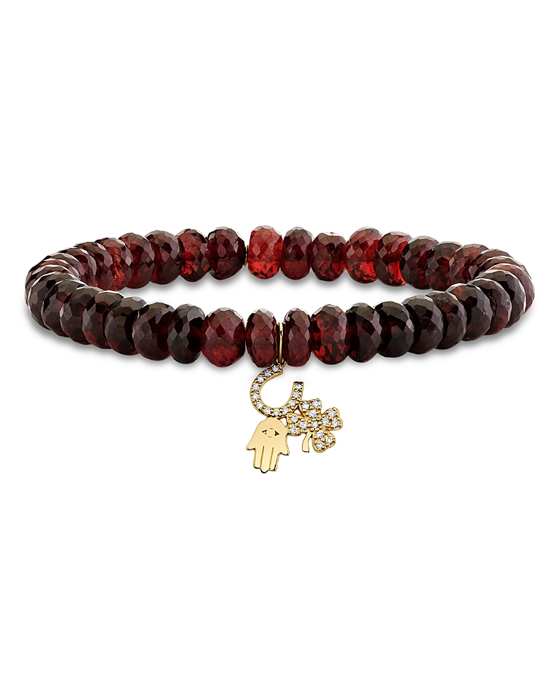 Sydney Evan 14k Yellow Gold Diamond & Garnet Luck & Protection Charm Beaded Bracelet In Burgundy