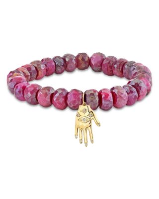 14K Yellow Gold Diamond & Red Moonstone Protective Eye Hand Charm Beaded Bracelet