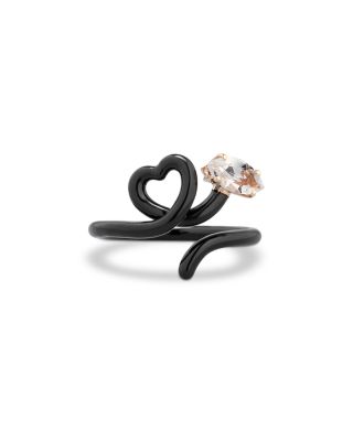9K Yellow Gold Hearts Rock Crystal & Black Enamel Heart Ring