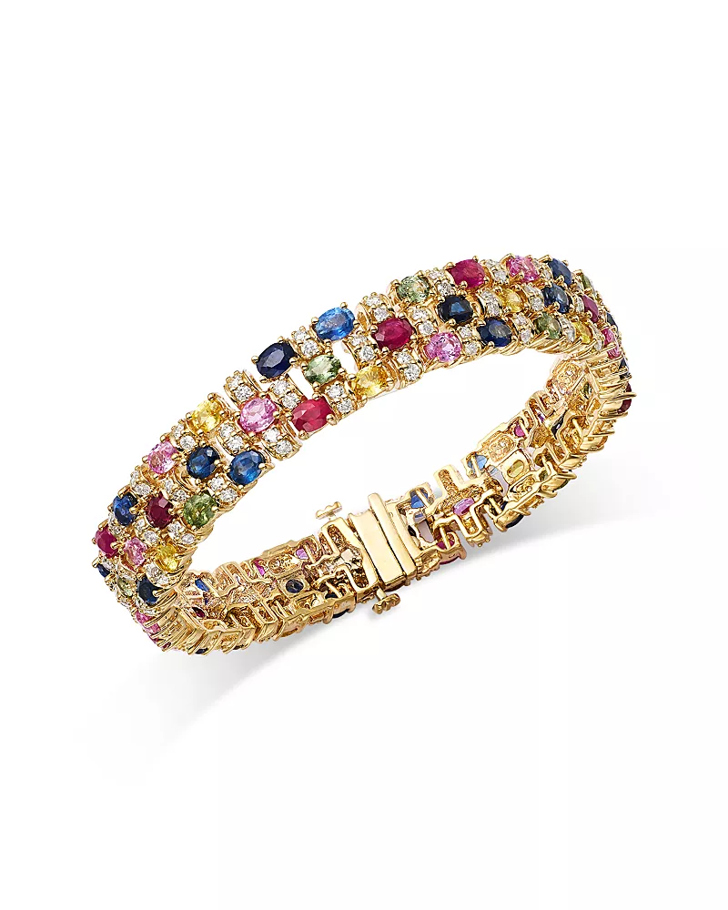 Bloomingdale's Fine Jewelry Luxe Collection Rainbow Sapphire & Diamond Triple Row Bracelet in 14K Yellow Gold