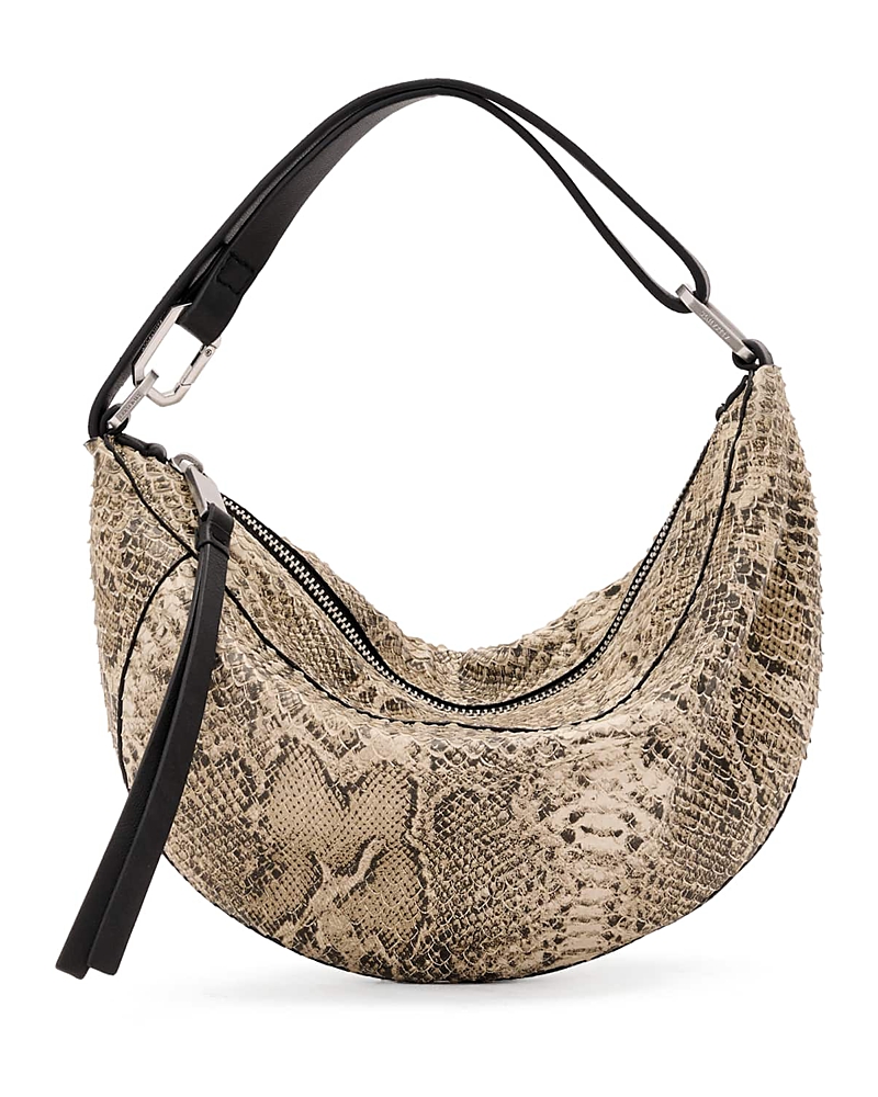 Allsaints Mirco Luna Snakeskin Embossed Leather Shoulder Bag In Brown