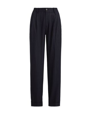Striped Pleated Wool Blend Twill Pants