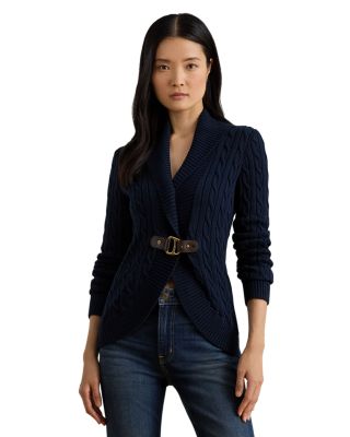 Buckle Trim Cable Shawl Collar Cardigan