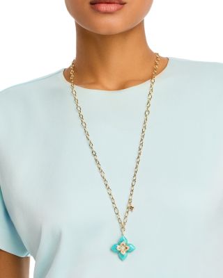 18K Yellow Gold Amazonite & Diamond Flower Pendant Necklace, 33"