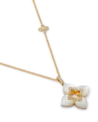 18K Yellow Gold Venetian Princess Cabochon Mother of Pearl & Diamond Flower Pendant Necklace, 16-18"