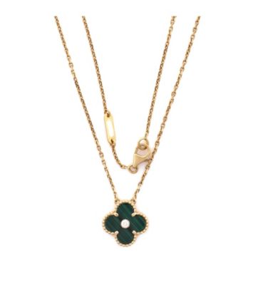  Vintage Alhambra Pendant Necklace 18K Gold and Malachite with Diamond, 16.5 - 18.25"